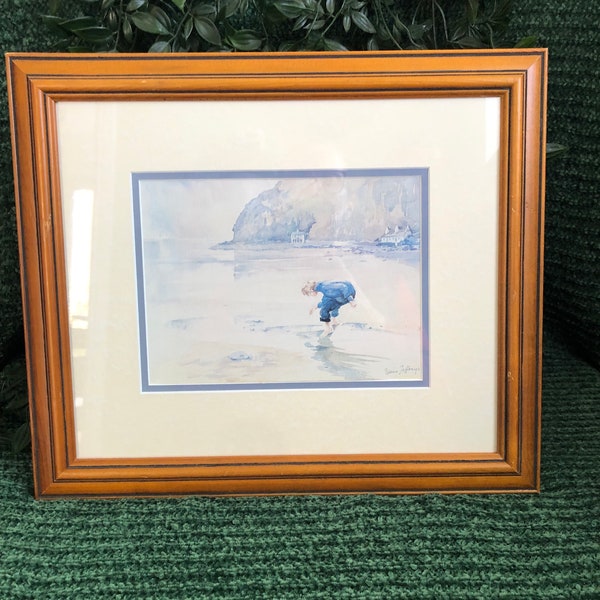 1990s Framed Watercolour Print On Card Titled “The Beachcomber” By Elaine Jeffreys, Seaside Decor, Nautical Decor, Bathroom Decor