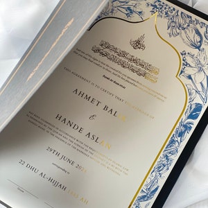 Luxus foliertes A4 Nikah-Zertifikat | Schreibfeder |Nikah Nama | Muslimische Heiratsurkunde | Personalisierte Namen | Koranvers |