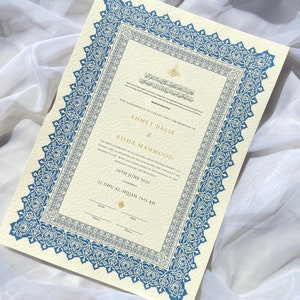 Certificado Nikkah de lujo martillado A3 A4 A5 / Pluma y marco / Nikkah Nama / Certificado de matrimonio musulmán / Nombres personalizados /