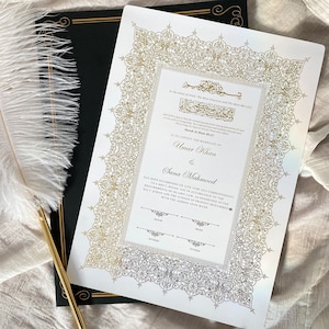 Luxus foliertes A4 Nikkah-Zertifikat | Schreibfeder |Nikkah Nama | Muslimische Heiratsurkunde | Personalisierte Namen | Koranvers |