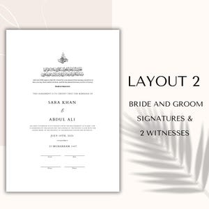 May include: A wedding certificate with black text on a white background. The document includes the names Sara Khan and Abdul Ali, the date July 19th, 2025, and space for signatures. The layout is labeled "LAYOUT 2" with space for bride and groom signatures and two witnesses.