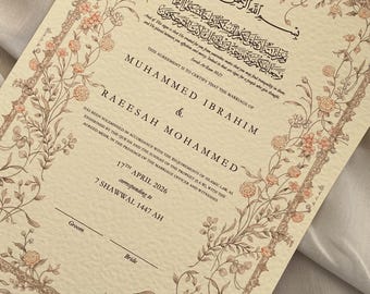 Certyfikat Nikkah dla muzułmanów | Elegancki muzułmański kontrakt małżeński | Kaligrafia arabska z Nikah Nama | Spersonalizowana pamiątka ślubna