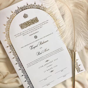 Luxus foliertes A4 Nikkah-Zertifikat | Schreibfeder |Nikkah Nama | Muslimische Heiratsurkunde | Personalisierte Namen | Koranvers |