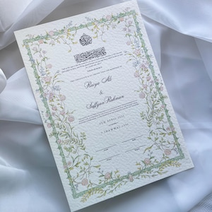 Certificat floral martelé A4 Nikkah | Stylo plume et cadre | Nikkah Nama | Certificat de mariage musulman | Prénoms personnalisés | Verset du Coran |