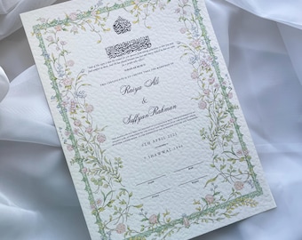 Floral Hammered Nikkah Certificate: Personalized Muslim Marriage Contract