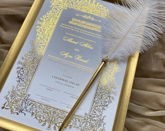 Luxury Foiled A4 Nikkah Certificate | Feather Pen & Frame |Nikkah Nama | Muslim Marriage Certificate | Personalised Names | Quran Verse |