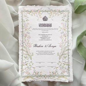 Pastell Floral Nikkah-Zertifikat | Geschmückter Rand | Moderne Nikkah Nama | Muslimische Heiratsurkunde | Personalisierte Namen | Koranvers |