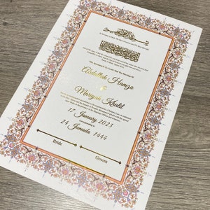 Luxury foiled Nikkah Certificate, Nikkah Name certificate | Personalised A4 Premium Islamic Wedding Contract Gift  | Quran Verse | Persian