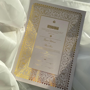Luxus foliertes A4 Nikkah-Zertifikat | Schreibfeder |Nikkah Nama | Muslimische Heiratsurkunde | Personalisierte Namen | Koranvers |