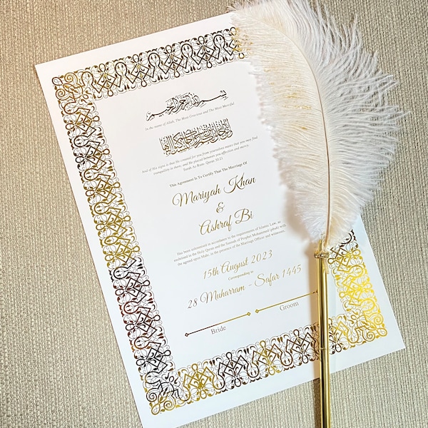 Luxury gold foiled Nikkah Certificate, Nikkah Name certificate | Personalised A4 Premium Islamic Wedding Contract Gift  | Quran Verse