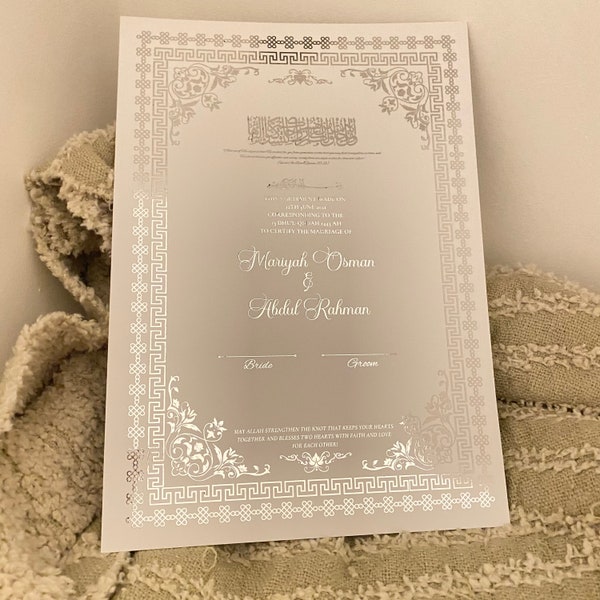 Luxury Silver/Gold foiled Nikkah Certificate, Nikkah Name certificate | Personalised A3 A4 A5 Premium Islamic Wedding Contract Gift  |