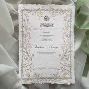 Pastell Floral Nikkah-Zertifikat | Geschmückter Rand | Moderne Nikkah Nama | Muslimische Heiratsurkunde | Personalisierte Namen | Koranvers |