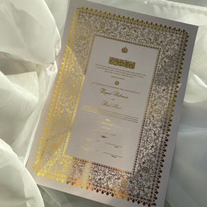 Foiled Nikkah Certificate: Personalised Islamic Wedding Contract A4