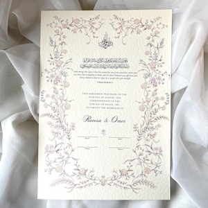 May include: A cream-colored wedding certificate with floral border in pink and gray. The document includes Arabic calligraphy and English text, including the names Raeesa & Omer, and the date August 20, 2025.