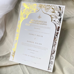 Luxus foliertes A4 Nikkah-Zertifikat | Schreibfeder |Nikkah Nama | Muslimische Heiratsurkunde | Personalisierte Namen | Koranvers |