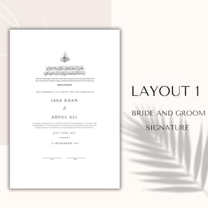 May include: A white wedding certificate with black text, including the names Sara Khan and Abdul Ali, and the date July 19th, 2025. The certificate is labeled "Layout 1" and "Bride and Groom Signature."