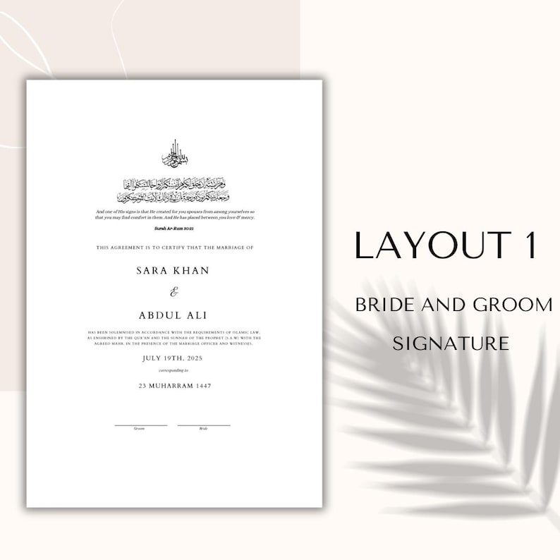 May include: A white wedding certificate with black text, including the names Sara Khan and Abdul Ali, and the date July 19th, 2025. The certificate is labeled "Layout 1" and "Bride and Groom Signature."