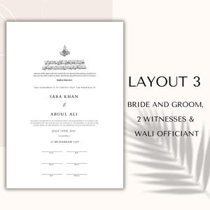 May include: A white wedding certificate with black text. The certificate includes the names Sara Khan and Abdul Ali, the date July 19th, 2025, and the text "LAYOUT 3 BRIDE AND GROOM, 2 WITNESSES & WALI OFFICIANT."