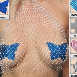 Rhinestone Top and Nipple Stickers Set | Rave Outfit | Festival Outfit | Nipple Pasty | Mesh Crop Top | See Through Tank | Festival Fashion