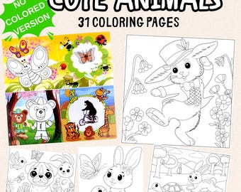 Puede incluir: Un conjunto de 31 páginas para colorear con ilustraciones de animales lindos. Las páginas incluyen imágenes de un oso, un conejo, una mariposa y otros animales. El texto "Cute Animals" y "No Colored Version" son visibles.