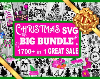 Può includere: Uno striscione rosa e bianco con il testo "CHRISTMAS SVG BIG BUNDLE 1700+ in 1 GREAT SALE". Lo striscione è circondato da un collage di disegni SVG a tema natalizio in bianco e nero, tra cui pupazzi di neve, alberi, ghirlande e renne.
