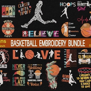 May include: A collection of 28 embroidery designs featuring basketball themes. The designs include phrases such as "Hoop Life", "Just a Basketball Girl", "Never Underestimate a Girl Who Plays Basketball", and "I'm Not Yelling This is Just My Basketball Coach Voice". The designs are available in 4, 5, and 7 inch sizes.