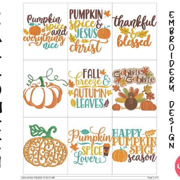 Fall Quotes Autum Pumpkin Bundle Design for Embroidery Machine, Embroidery Designs, Machine Digitizing files, Trendy embroidery design