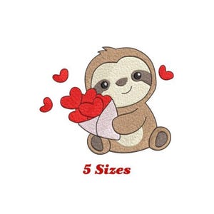 Valentines-Sloth Adorable Sloth with Heart Bouquet Embroidery Design ,5 Sizes , Machine Embroidery File for DIY Projects, Valentine&#39;s Day