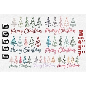 Könnte beinhalten: Set mit 20 digitalen Stickmustern mit handgezeichneten Weihnachtsbäumen in verschiedenen Farben, darunter Pink, Blau, Grün und Rot. Die Designs sind in den Größen 3, 4, 5 und 7 Zoll erhältlich. Der Text "Merry Christmas" ist im Design enthalten.