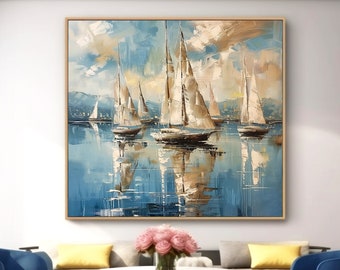 Dipinto ad olio originale per barca a vela nautica su tela, decorazione da parete extra large blu oceano, regalo per pittura murale per vela e porto della camera da letto principale