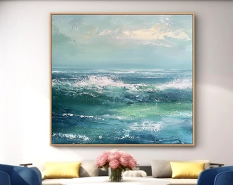 Grands cadeaux de peinture à l'huile 3D de texture d'océan bleu, idée unique de décoration de mur de toile de vagues d'océan, oeuvre d'art bleue minimaliste sur la toile, art de décoration