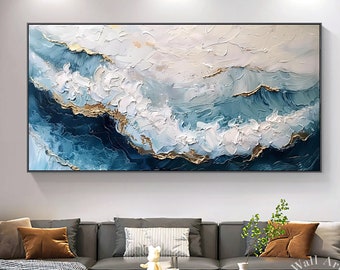 Unique Modern 3D Ocean Wall Art, Hand-Painted Impressionist Blue Waves Decoration, Oversized Beach Canvas Art, Fashion Wall Decor, Beach Art