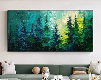 Obras de arte únicas y elegantes de pinos sobre lienzo, grandes trazos de cuchillo de paleta verde para la habitación, arte moderno de la pared del bosque verde, regalos de árboles de Navidad