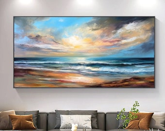 Original Seascape Acrylic Painting On Canvas, Impressionist Sky & Sea Art, Pastel Blue for Home Decor, Beach Landscape Art For Living Room