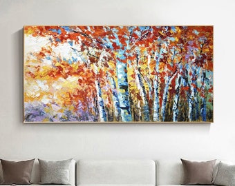 Arte abstracto original del árbol de abedul, arte original del árbol del bosque, arte de la pared del paisaje, arte pintado a mano, obras de arte impasto por UNQWallArtDesigns