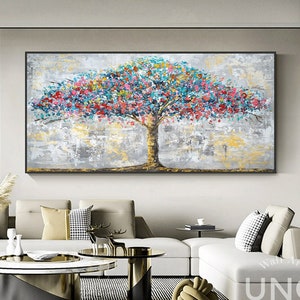 Abstract Blossom Tree Oil Painting: Colorful Floral Canvas Wall Decor, Landscape Bohemian Wall Art