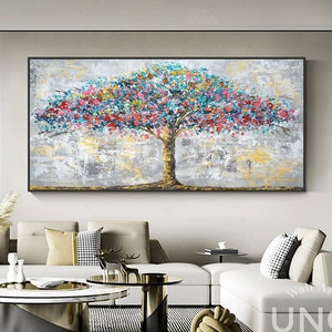 Abstract Blossom Tree Oil Painting, Blooming Colorful Tree On Canvas, Original Plant Floral Artwork, Landscape Bohemian Wall Decor