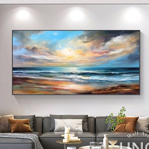 Original Seascape Acrylic Painting On Canvas, Impressionist Sky & Sea Art, Pastel Blue for Home Decor, Beach Landscape Art For Living Room
