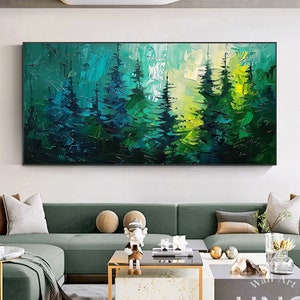 Palette Knife Pine Tree Painting: Green Forest Abstract Art on Canvas