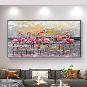 Decorazione murale astratta originale con fenicotteri per soggiorno, decorazione murale su tela con fenicotteri rosa, decorazione su tela alla moda, opera d'arte alla moda con fenicotteri