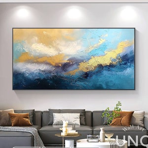 Hand-Painted Golden Waves Canvas Art: Luxury Blue Horizon Painting