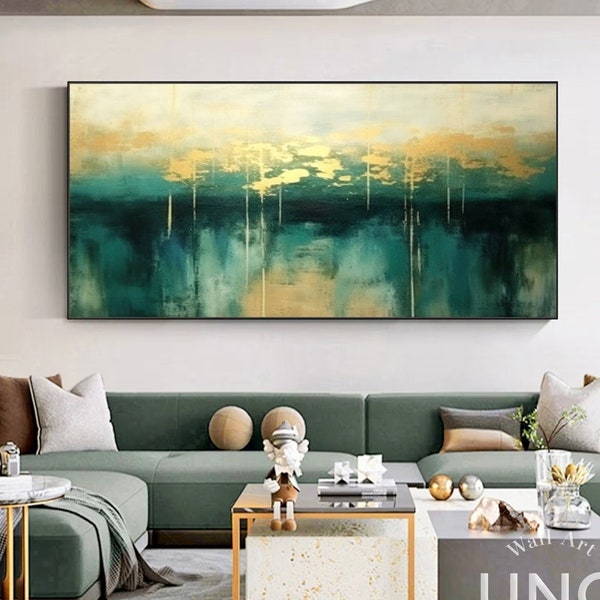 Large Gold Leaf & Green Wall Art, Unique Handmade Painting on Canvas, Gold Foil Bedroom Art, Contemporary Abstract Art For Living Room Decor