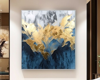 Blue Gold Leaf Abstract Art, Handmade Canvas Artwork Grey Gold, Grey Painting For Room With Gold Texture, Professional Wall Decor For Home