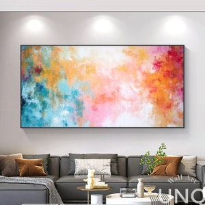 Large Abstract Acrylic Painting, Soft Pink, Blue, Red, Texture Artwork