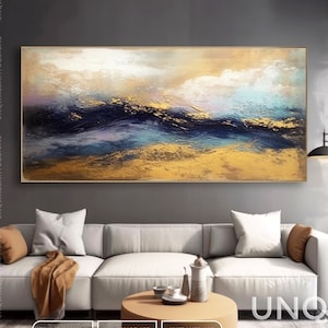 Blue And Gold Leaf Wave Painting: Original Textured Abstract Art on Canvas, Fancy Wall