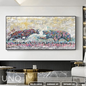 Très grande peinture abstraite de taureau et d'ours sur la toile, décoration d'art murale de taureau contre l'ours, cadeaux de toile de marché boursier, art de mur de salon d'animal