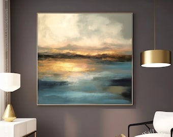 Luxury Handmade Gold Sunrise Seascape Painting For Bedroom: Abstract Landscape Canvas Art
