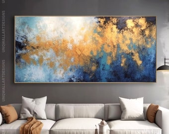 Large Blue And Gold Horizontal Abstract Painting: Handmade Canvas Wall Art