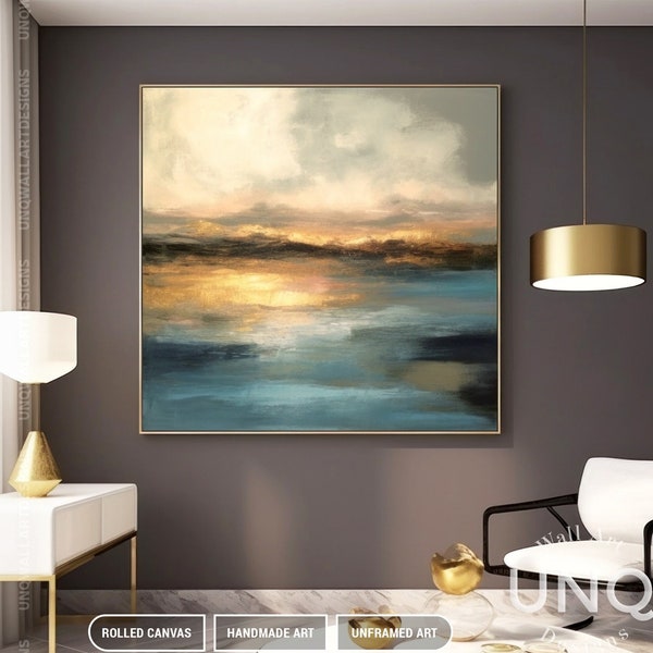 Luxury Golden Seascape Artwork For Bedroom, Original Handmade Abstract Painting On Canvas, Modern Home Decor Art, Gold Sunrise Landscape Art