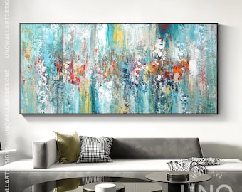 Extra Large Abstract Painting: Blue Gold Living Room Textured Canvas Art Decor